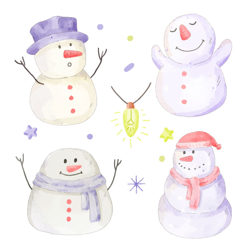 四个水彩风格的圣诞雪人矢量素材(EPS/免扣PNG)
