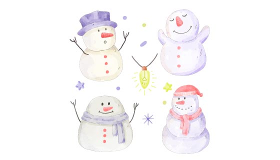 四个水彩风格的圣诞雪人矢量素材(EPS/PNG)