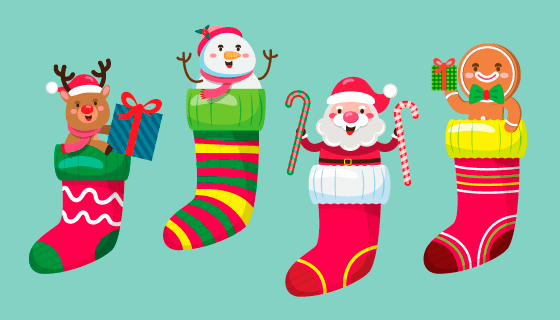 四个装着圣诞人物的圣诞袜矢量素材(EPS/PNG)