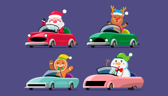 四个开着汽车的圣诞人物矢量素材(EPS/PNG)