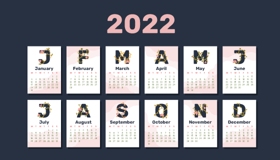 花卉字母设计2022年日历矢量素材(AI/EPS)
