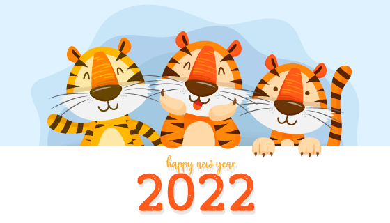 三只可爱的老虎设计2022新年快乐背景矢量素材(EPS)