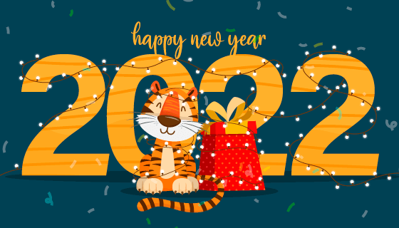 老虎和礼物设计2022新年快乐背景矢量素材(EPS)