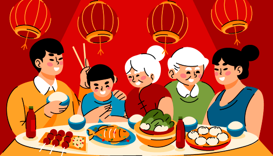 一家人在一起开心的吃年夜饭矢量素材(AI/EPS)