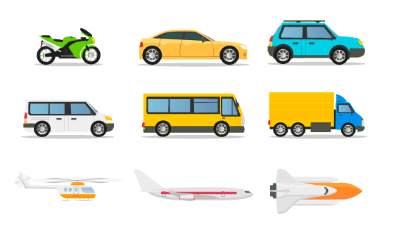 九种不同的交通工具插图矢量素材(EPS/PNG)