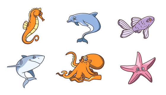 六个手绘风格的海洋动物矢量素材(EPS/PNG)