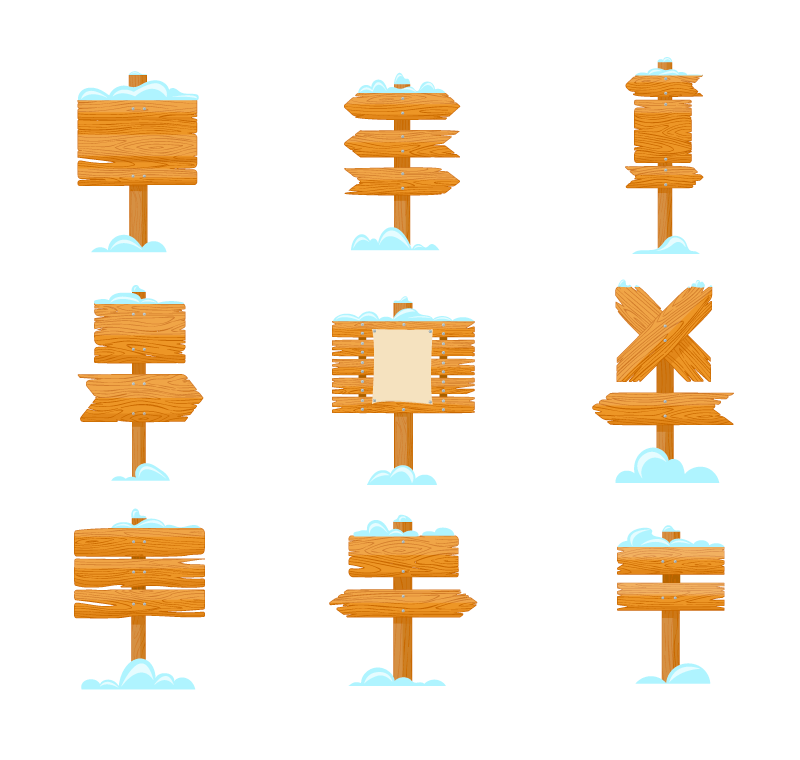 九个被雪覆盖的木制指示牌矢量素材(EPS/免扣PNG)