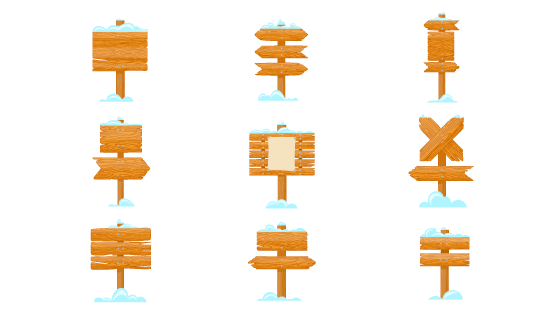 九个被雪覆盖的木制指示牌矢量素材(EPS/PNG)
