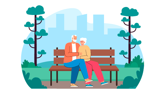 在公园长椅上休闲的老年夫妻插画矢量素材(EPS)