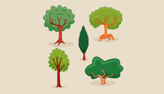 五棵手绘风格的植树节树木矢量素材(AI/EPS/PNG)
