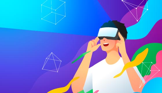 使用VR设备体验虚拟现实的年轻人矢量素材(AI/EPS)