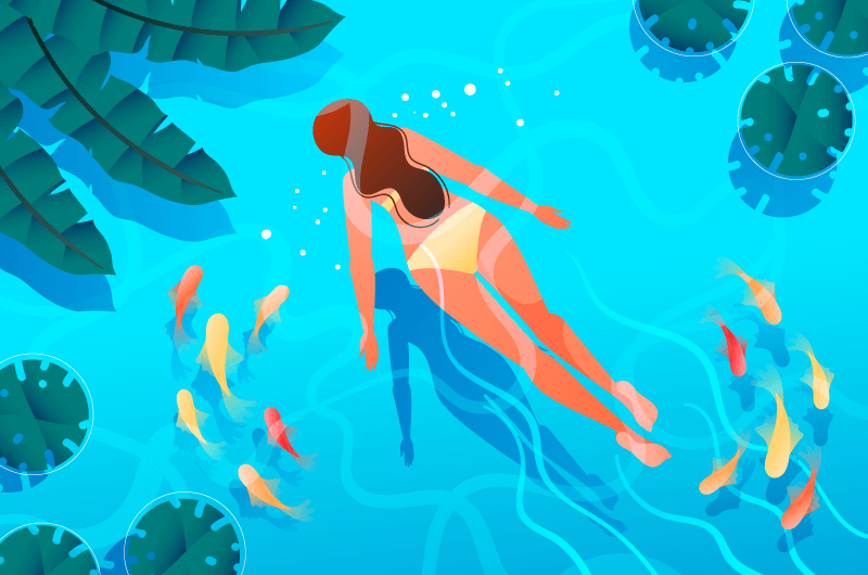 夏天女子在有鱼的水里游泳矢量素材(AI/EPS)