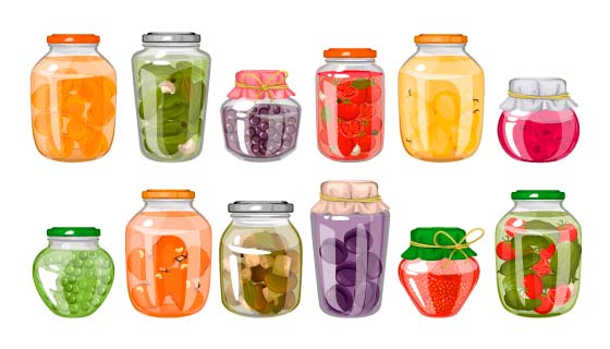 装着不同水果和蔬菜的罐子矢量素材(EPS/PNG)