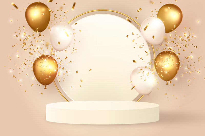 金色气球生日快乐3D舞台矢量素材(EPS)