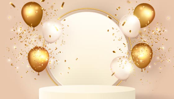 金色气球生日快乐3D舞台矢量素材(EPS)