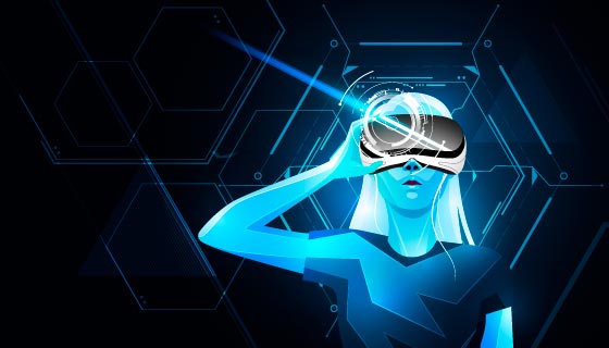 带着VR眼镜体验虚拟现实的女孩矢量素材(EPS)