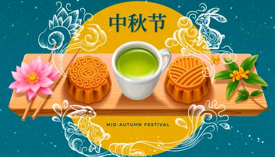 美味的月饼和绿茶中秋节背景矢量素材(EPS)
