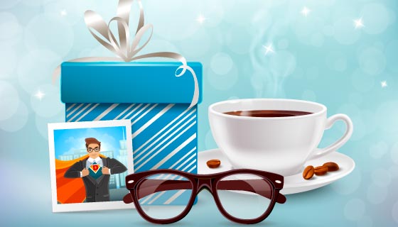 礼物咖啡眼镜等元素设计父亲节快乐矢量素材(EPS)