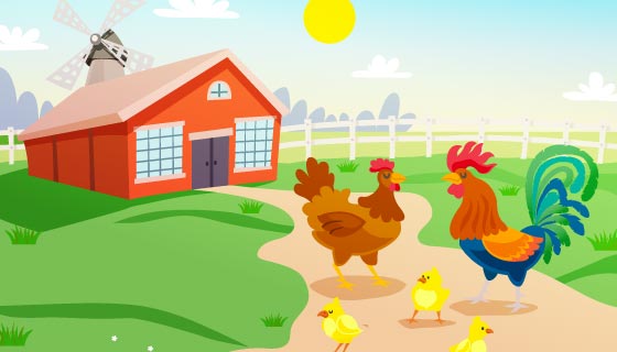 农场里悠闲散步的公鸡母鸡和小鸡矢量素材(EPS)