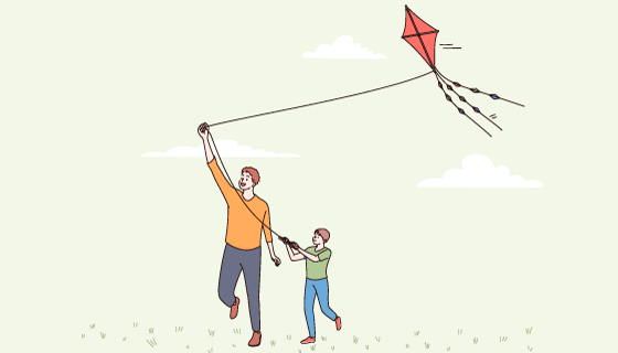 手绘风格和孩子一起放风筝的父亲矢量素材(EPS)