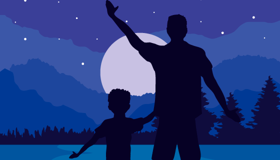 扁平风格和孩子一起欣赏夜景的父亲矢量素材(EPS)