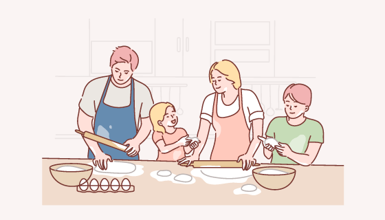手绘风格一家人一起做饭矢量素材(EPS)