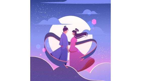 在月亮上相遇的牛郎织女七夕节背景矢量素材(AI/EPS)