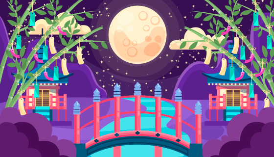 月亮和拱桥设计七夕节背景矢量素材(AI/EPS)