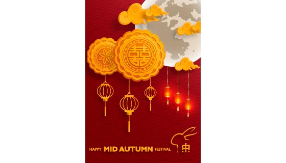 月饼月亮和灯笼设计中秋节海报矢量素材(EPS)