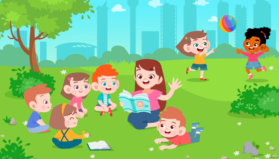 老师在公园里给小朋友们讲故事矢量素材(EPS)