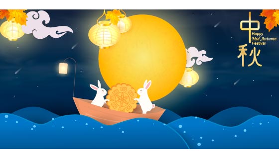 在月亮上搬弄月饼的兔子中秋节快乐矢量素材(EPS)