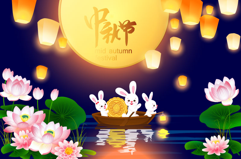 月亮下划船的兔子设计中秋节背景矢量素材(EPS)