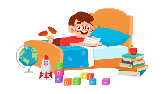 趴在床上看书的小男孩矢量素材(EPS/PNG)