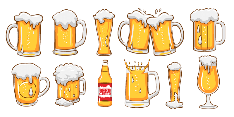 各种各样装满啤酒的啤酒杯矢量素材(EPS)