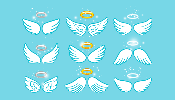 九个带有光环的白色天使翅膀矢量素材(EPS)