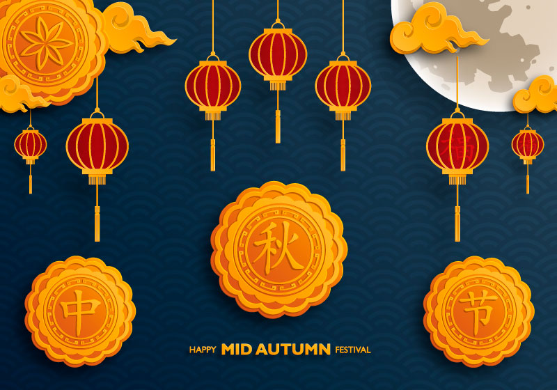 金黄的月饼和深红的灯笼设计中秋节背景矢量素材(EPS)