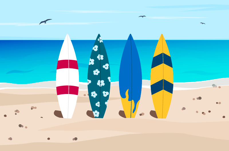 四个立在海滩上的冲浪板夏天背景矢量素材(EPS)