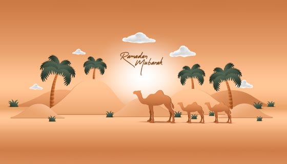 夏天沙漠棕榈树和骆驼剪纸矢量素材(EPS)