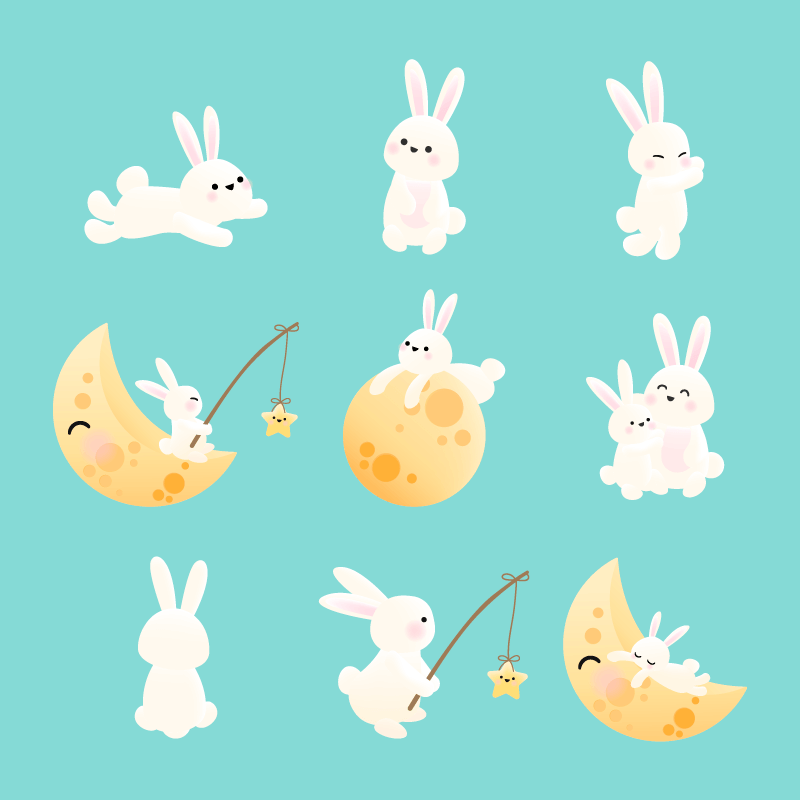 九个不同姿势的可爱小白兔矢量素材(EPS)