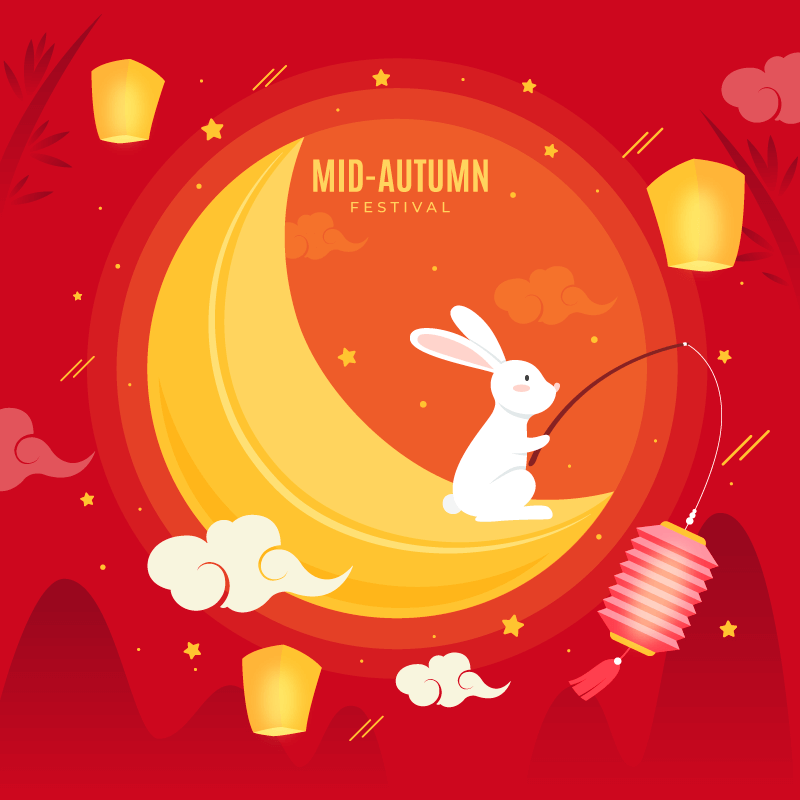 提着灯笼坐在月亮上的兔子设计中秋节背景矢量素材(AI/EPS)