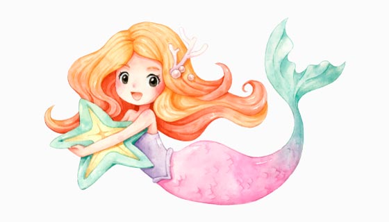 水彩风格抱着海星的美人鱼矢量素材(EPS/PNG)