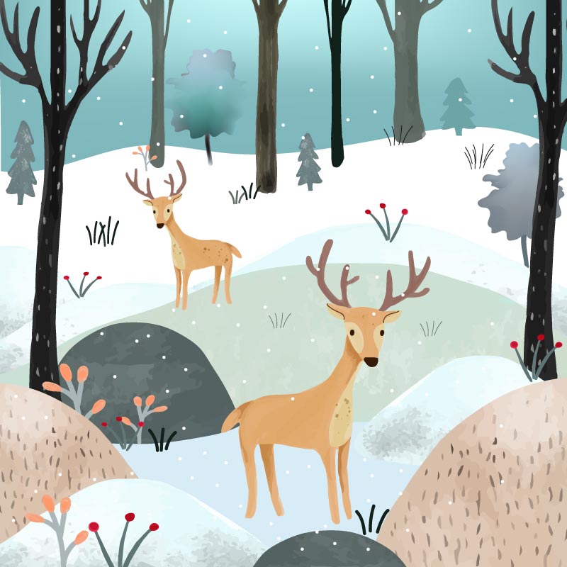 冬天雪地上的两只小鹿矢量素材(EPS)
