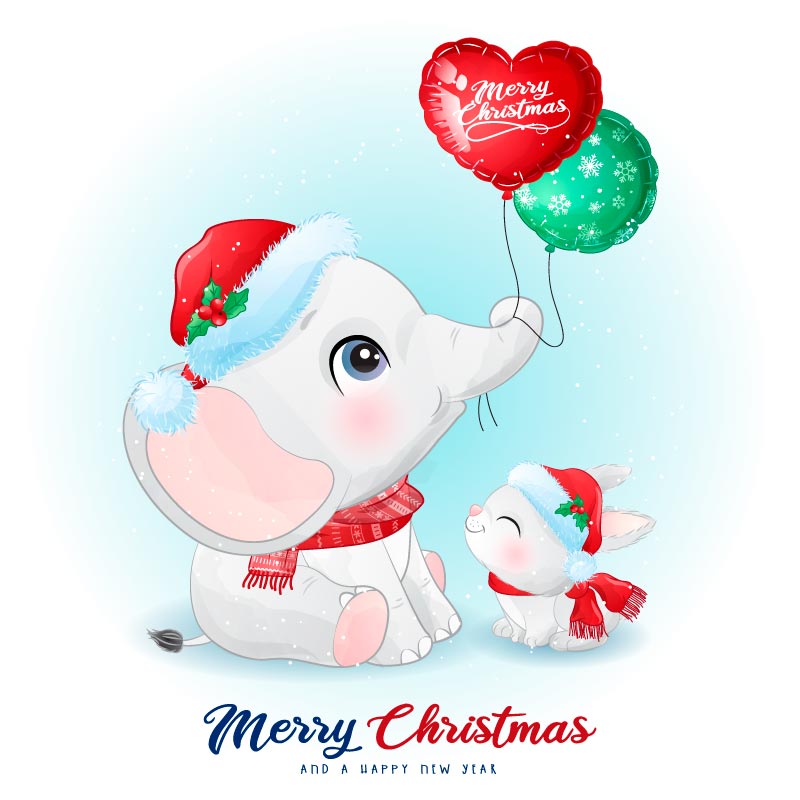 开心庆祝圣诞节的大象和小白兔矢量素材(EPS)