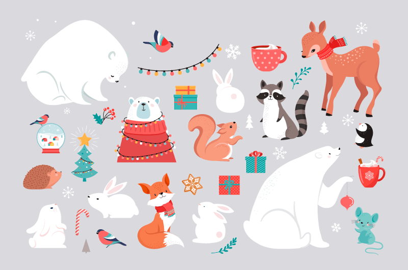 庆祝圣诞节的动物们和各种各样的圣诞节装饰矢量素材(EPS/免扣PNG)