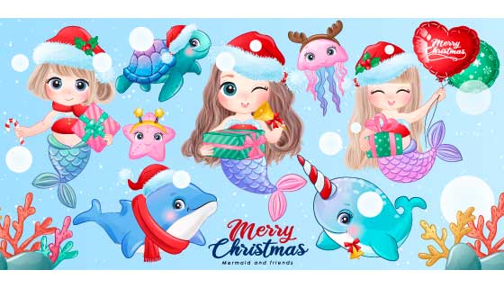 庆祝圣诞节的美人鱼矢量素材(EPS)