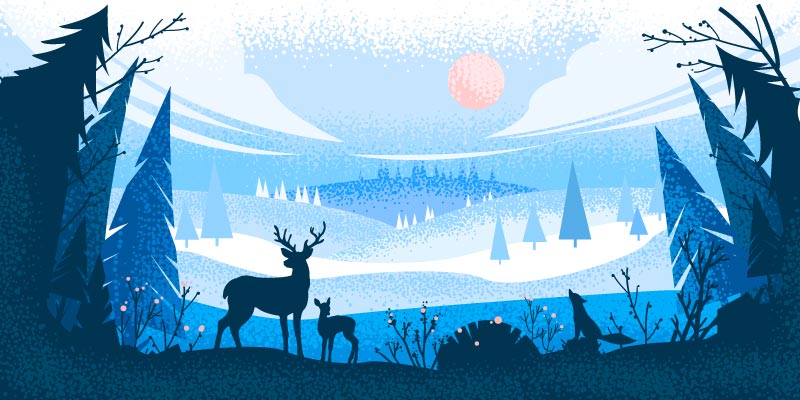 驯鹿狐狸和松树设计冬季剪影景观矢量素材(EPS)