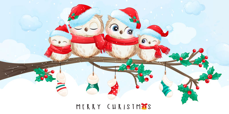 穿着圣诞装扮的可爱猫头鹰矢量素材(EPS)
