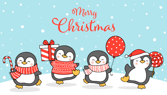 雪地里庆祝圣诞快乐的企鹅们矢量素材(EPS)