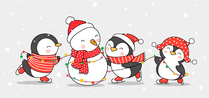 堆雪人庆祝圣诞节快乐的企鹅们矢量素材(EPS)