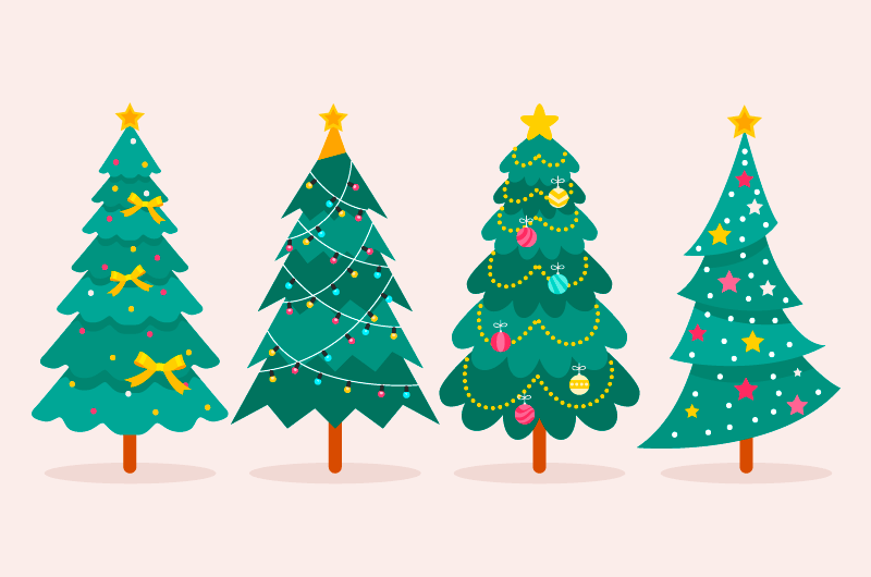 四颗扁平风格的圣诞树矢量素材(AI/EPS/免扣PNG)